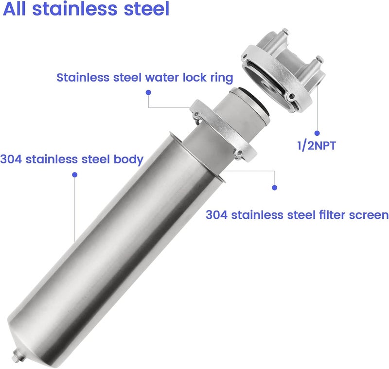 Amwater NSF/ANSI 42 Certification Stainless Steel Filter Housing for 10"/ 20" Filter Cartridge, 1/2" NPT Water Filter Housing for Whole House Water Purification of Stainless Steel 304 (10" C Housing) - Image 2